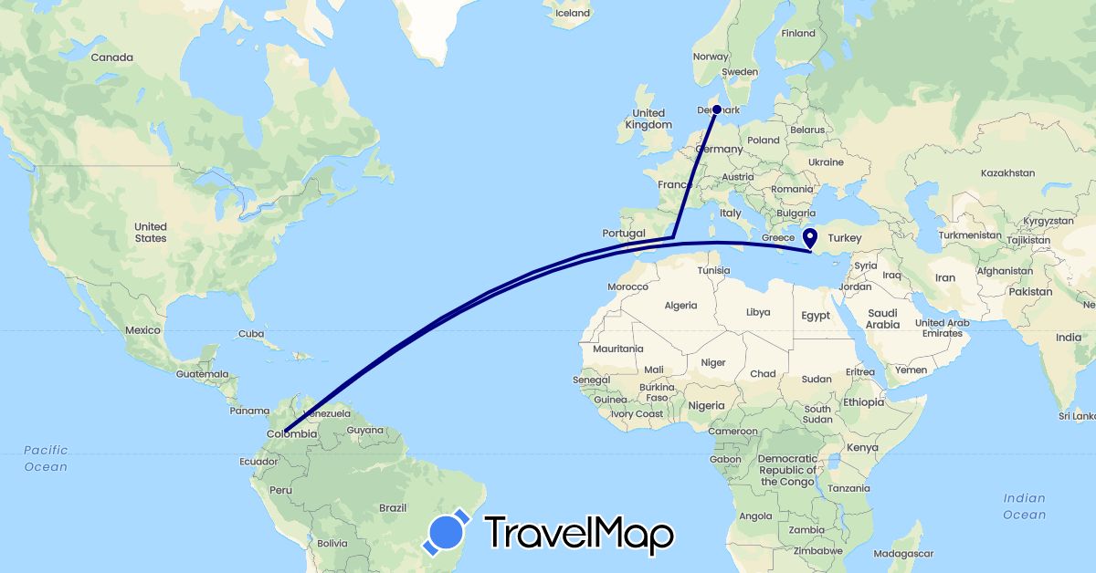 TravelMap itinerary: driving in Colombia, Denmark, Spain, Turkey (Asia, Europe, South America)